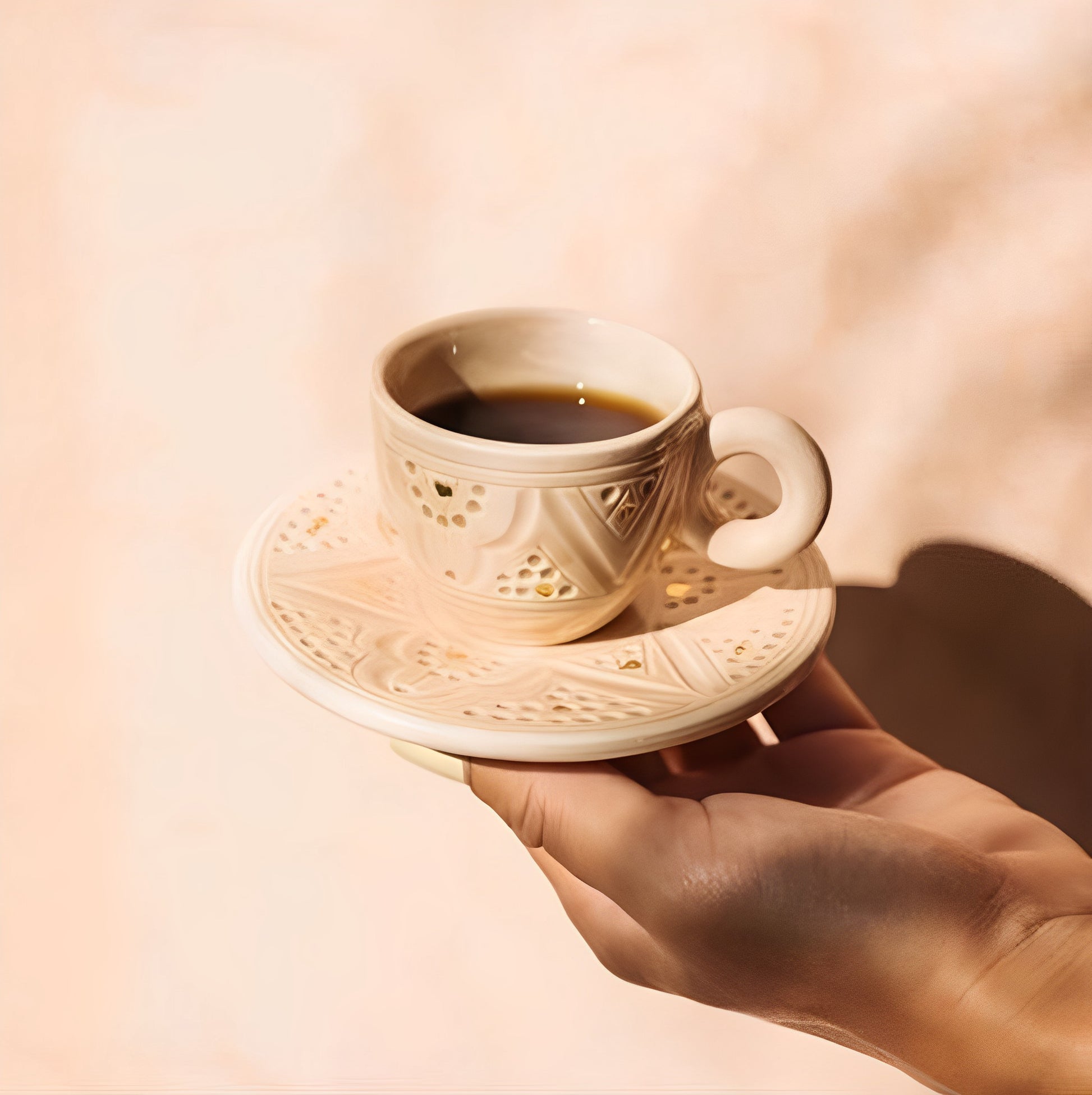 Image of a handmade, Moroccan espresso cup with handle and matching saucer. decorated with gold elements as well as traditional engravings. Cup is being held by one hand.